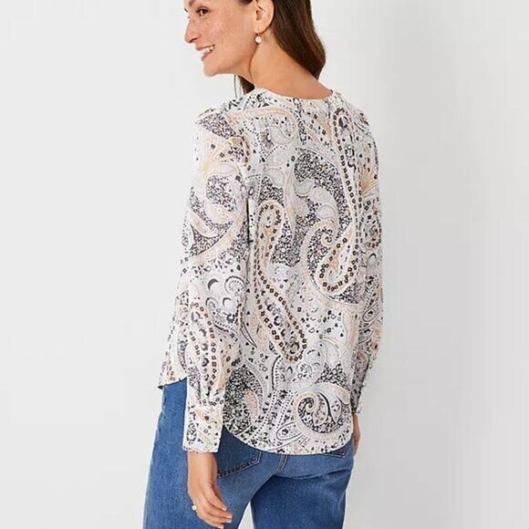 Ann Taylor Plus Size XXL Shimmer Paisley Mixed Media V-Neck Tunic Blouse - Picture 2 of 9